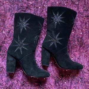 Witchy Celestial Star Moon Velvet Black Heeled Boots 7 NEW RARE